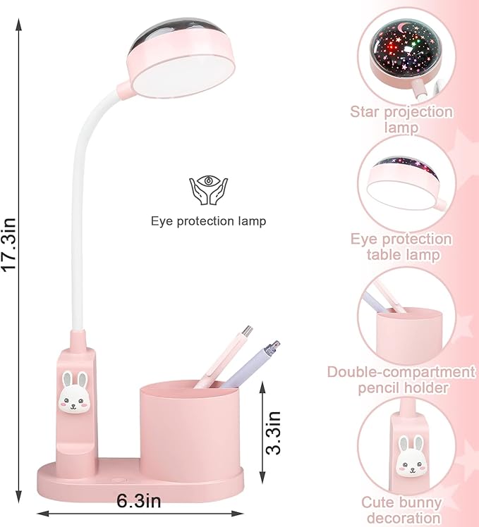 Pink Kids Desk Lamp with Pen holder, Rabbit cute LED Desk/Table Lamp with Dimmable Natrue Light, USB rechargeable and Funny projector, Small Bedside lamp, LED lamp for girls Bedrooms