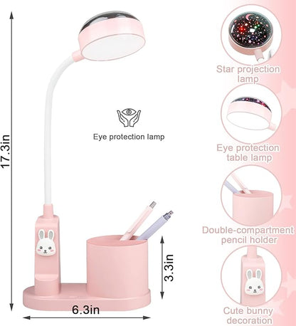 Pink Kids Desk Lamp with Pen holder, Rabbit cute LED Desk/Table Lamp with Dimmable Natrue Light, USB rechargeable and Funny projector, Small Bedside lamp, LED lamp for girls Bedrooms