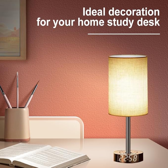 Gray Nightstand Light Lampshade 7ft Plug Extension Cord Dual USB Charging Port AC Outlet, Cylinder Desk Lamp Clock Charger…