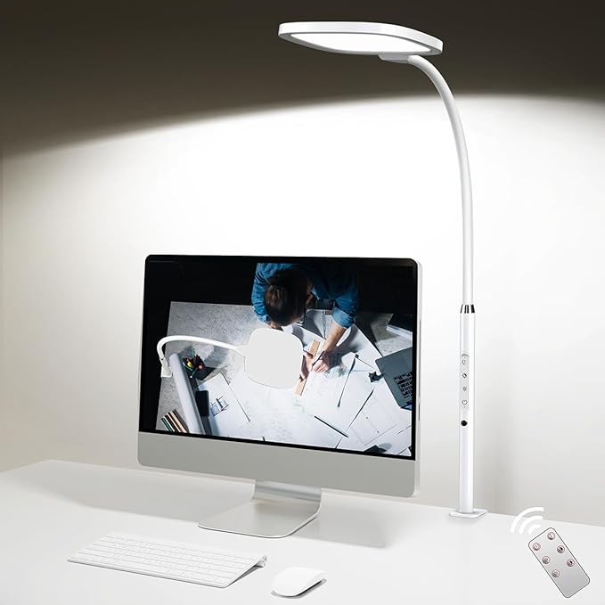 LED Desk Lamps for Home Office, Clamp Desk Light for Video Conference, Dimmable, Rotatable, Top Bright, Large Lighting Area, Remote & Touch, Clip Table Lamp for Computer Monitor, Study, Work