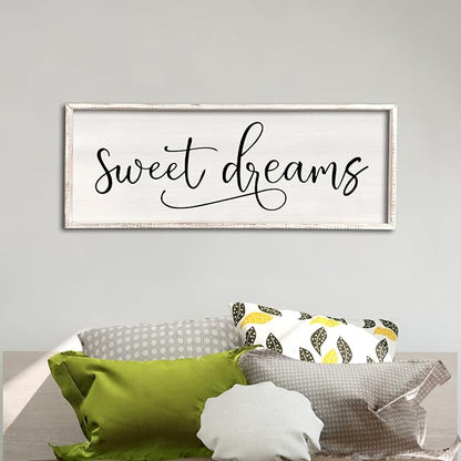 comurdyo Sweet Dreams Wall Decor Above Bed Sign 32" x 12" Master Bedroom Wooden Antique Framed Large Rustic Farmhouse Guest Room Beautiful Simple Hanging Plaque Over Bed Wall Art (White)