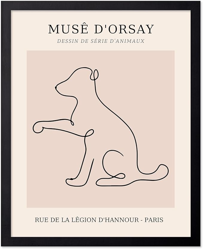 Poster Master Vintage Poster - Retro One Line Dog Drawing Print - Dog Art - Minimal Gift for Men, Women, Animal Lover - Abstract Wall Decor for Home, Office, Bedroom, 8x10 Black Framed