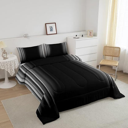 Feelyou Geometric Abstract Ombre Bedding Set Men Adults Teens Grey Gray and Black Striped Comforter Set Kids Boys Girls Simple Modern Quilt Setwith 2 Pillowcases 3Pcs Bedding Queen