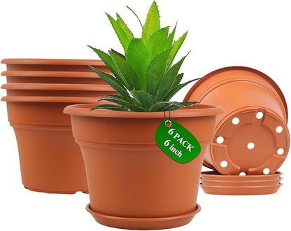 6 Inch Plastic-Flower Pot-for-Indoor Plants, 6 Pack Outdoor Plant Pots with Drainage Holes & Saucers, Resin Garden Pots Planters