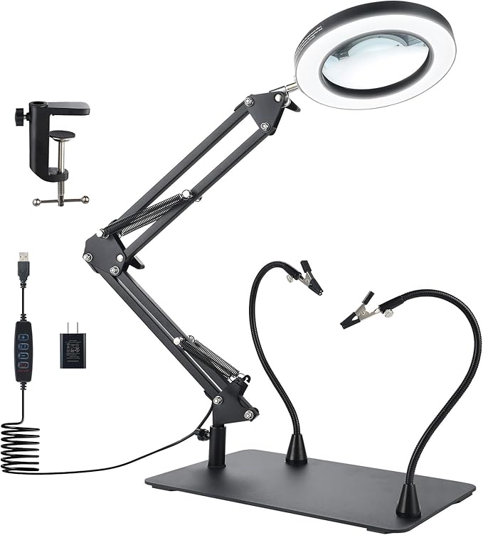 10X Magnifying Glass with Light, YOUKOYI 3-in-1 LED Magnifying Light, 3 Modes Stepless Dimming Magnifying Lamp with Magnetic Helping Hands & Heavy Duty Base Plate for Close Work Reading Repair Crafts
