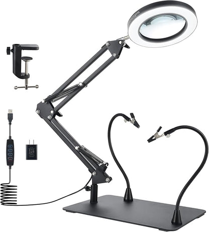10X Magnifying Glass with Light, YOUKOYI 3-in-1 LED Magnifying Light, 3 Modes Stepless Dimming Magnifying Lamp with Magnetic Helping Hands & Heavy Duty Base Plate for Close Work Reading Repair Crafts