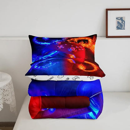 Ice Fire Dragon Comforter Set for Boys Teens Kids Gamer Games Room Decor Bedding Set Blue Red Gaming Gamepad Down Comforter ,Fairy Tale Animals Theme Room Decor 3Pcs Duvet Insert Queen Size,Soft