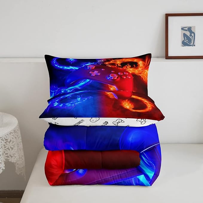 Ice Fire Dragon Comforter Set for Boys Teens Kids Gamer Games Room Decor Bedding Set Blue Red Gaming Gamepad Down Comforter ,Fairy Tale Animals Theme Room Decor 2Pcs Duvet Insert King Size,Soft