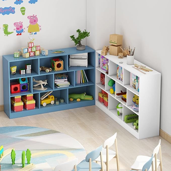 IOTXY Open Shelf Low Bookcase - Wooden 3-Tier Floor Standing Display Cabinet Organizer with Base, 8 Cubes Short Horizontal Bookshelf in Pear Yellow