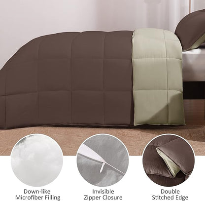 Basic Beyond Queen Comforter Set - Fluffy Comforter Queen Set for All Seasons - Reversible Comforter Set Queen Size for Mens - 3 Pieces (1 Comforter + 2 Pillow Shams) - Brown/Ivory