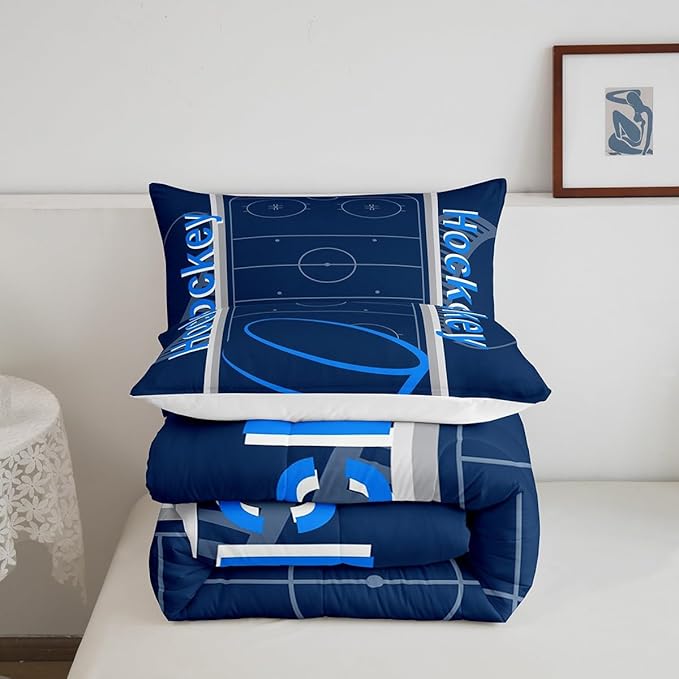 Feelyou Kids Hockey Player Comforter Set Full Size Ice Hockey Bedding Set for Boys Girls Teens Bedroom Decor Ice Sports Games Comforter Puck Hockey Duvet Set with 2 Pillow Case
