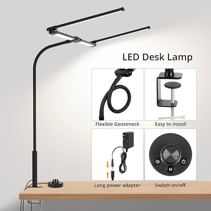 Desk Lamp for Office Home, 4 Heads, 24W Ultra Bright, 5 Colors 10 Bright Levels, Long Flexible Clamp Clip Light, Task Table Lamp with Adapter & Switch Controller, Black