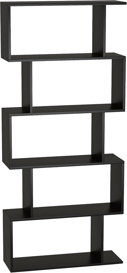Yusong Bookshelf 5-Tier, Geometric Bookcase S Shaped Book Shelves for Bedroom, Modern Wood Decorative Display Shelf Book Case for Home Office, Black