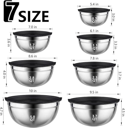 Leidawn Mixing Bowls with Lids set - 25 PCS Stainless Steel Nesting Black Mixing Bowls Set for Baking, Mixing, Serving & Prepping, Size 5, 3.7, 2.8, 2.3, 1.7, 1.1, 0.7QT, 11 Cooking