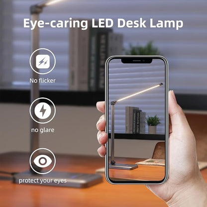 LED Desk Lamp, 5 Levels Dimmable Table Lamp Reading Lamp with USB Charging Port, 5 Lighting Modes, 30 Minutes Auto-Off Timer, Study Lamp, Eye-Caring Office Lamp with Night Light