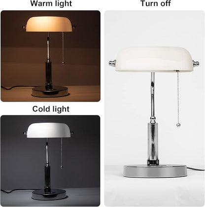 FIRVRE Bankers Lamp, White Glass Desk Lamp with Wireless Charger and 2USB Charging Port,Pull Chain Switch Lamp with Metal Base,Modern Reading Table lamp for Home Office, Piano, Library