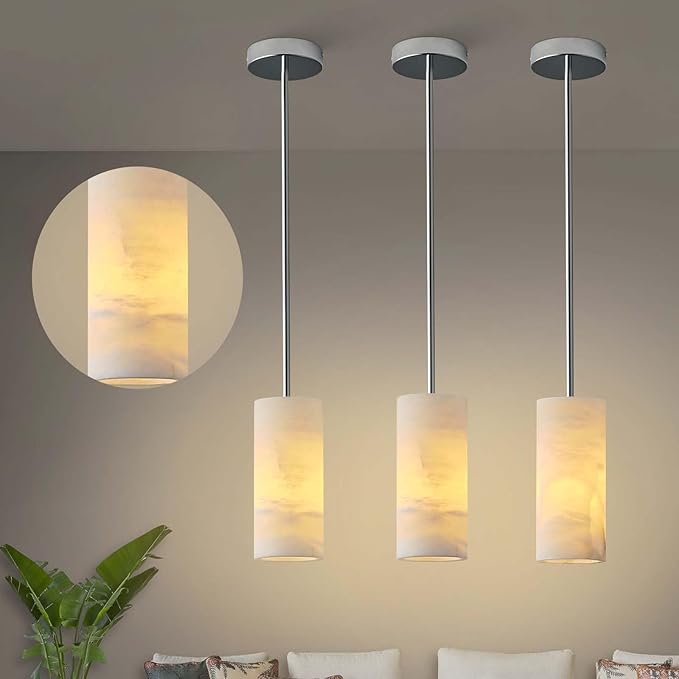 Alabaster Pendant Lights Kitchen Island, Nickel Hand Carved Alabaster Cylinder Pendent, Spanish Natural Marble Light Pendant for Bedroom Bathroom Dining Room Living Room- 3 PC