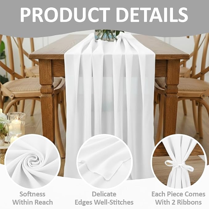 Pack of 25 | White | 10ft Chiffon Table Runner 29x120 Inches Long Romantic Rustic Sheer Gauze Runner for Wedding Bridal Shower Birthday Banquets Engagement Spring Easter Boho Decorations