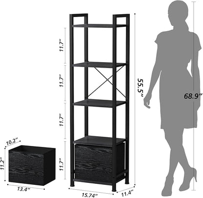 Narrow-Bookshelf-With-Storage-Drawer, 5-Tier Small Standing Book Shelf Organizer For Small Space, Tall Thin Bookcase Shelf For Bedroom Living Room Office, Wooden Shelving Unit Rack For Display