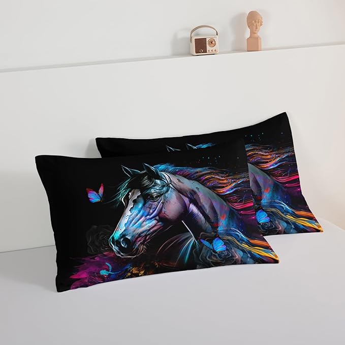HOSIMA 3 Pieces Art Horse Comforter Set with 2 Pillowcases,Wildlife Horse Butterfly Black Comforter Boys Teens Aesthetic Room Decor,Animal Bedding Twin Bed in a Bag Sets for adults.
