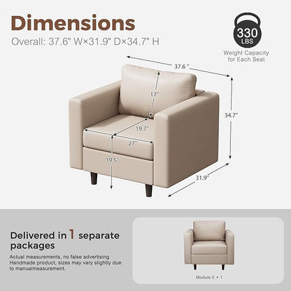 ABCASA Faux Leather Single Sofa, Modern Accent Chair Whitesand with Storage Deep Seat Large Reading Armchair for Living Room Bedroom Office