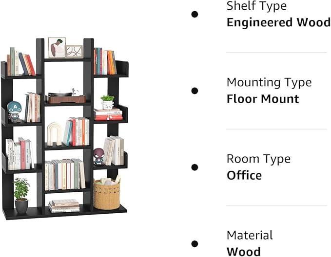Aheaplus Bookshelf, Tree-Shaped Bookcase Storage Shelf with 13 compartments, Books Organizer Display Cube Shelves, Industrial Free Floor Standing Wood Open Bookshelves, Black