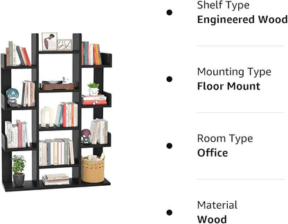 Aheaplus Bookshelf, Tree-Shaped Bookcase Storage Shelf with 13 compartments, Books Organizer Display Cube Shelves, Industrial Free Floor Standing Wood Open Bookshelves, Black