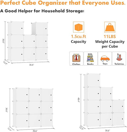 C&AHOME Cube Storage Organizer with Doors, 9-Cube Shelf, Closet Cabinet, DIY Plastic Modular Bookshelf, Storage Shelves Ideal for Bedroom,Living Room,36.6”L x 12.4”W x 36.6”H Milky USHS3009M-DOOR