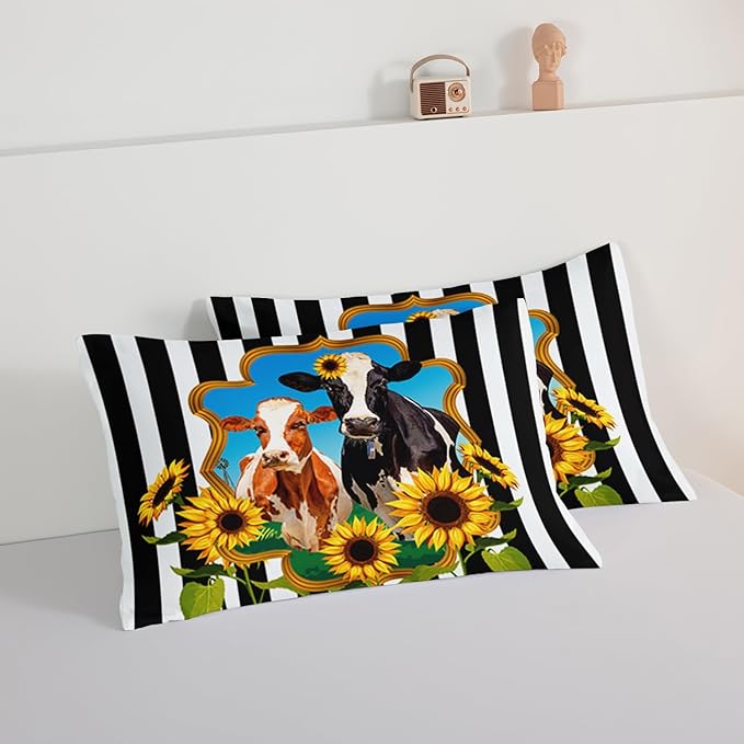 HOSIMA Animal Theme Bedding Set Bull and Cow Comforter with 2 Pillowcases,Black and White Stripes King Size Comforter Set for Adults Teens Kids,Sunflower Print Western Bedding Sets.