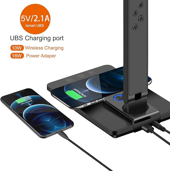 AFROG 5th Gen Multifunctional LED Desk Lamp with USB Charging Port,1800Lux Super Bright,5 Lighting Mode,7 Brightness, Touch Control, Auto Timer, 12W Office Table Lamp