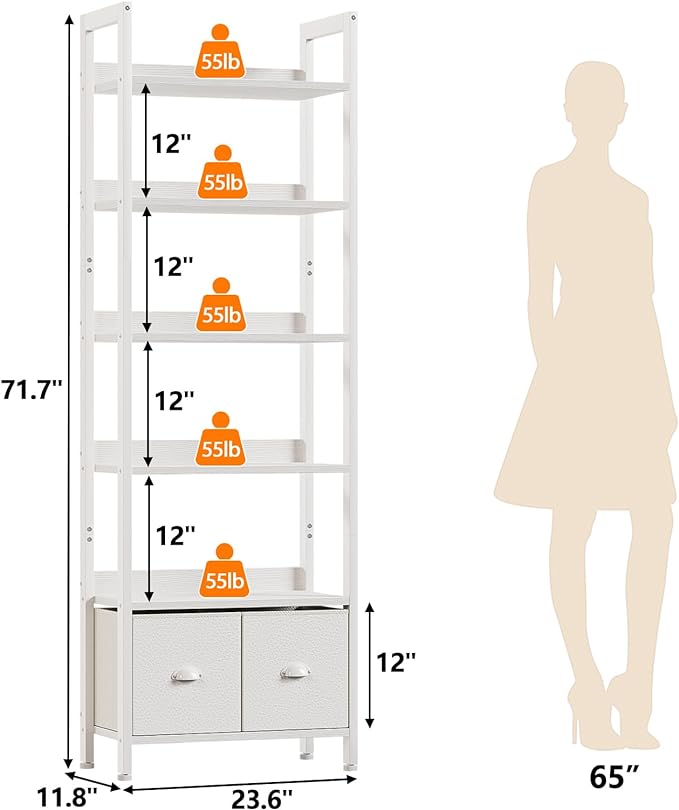 Furologee White 6 Tier Bookshelf with Drawers, Tall 71" Bookcase with Shelves, Modern Wood and Metal Book Shelf Storage Organizer, Display Free Standing Shelf Unit for Bedroom, Living Room, Office