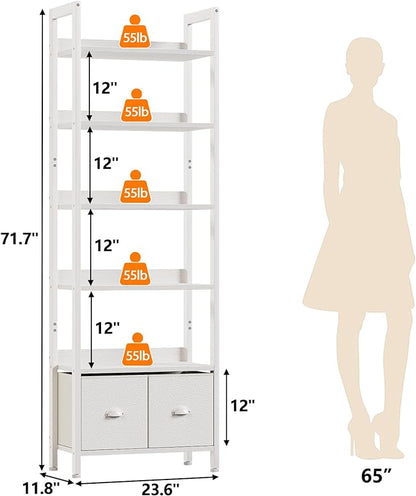 Furologee White 6 Tier Bookshelf with Drawers, Tall 71" Bookcase with Shelves, Modern Wood and Metal Book Shelf Storage Organizer, Display Free Standing Shelf Unit for Bedroom, Living Room, Office