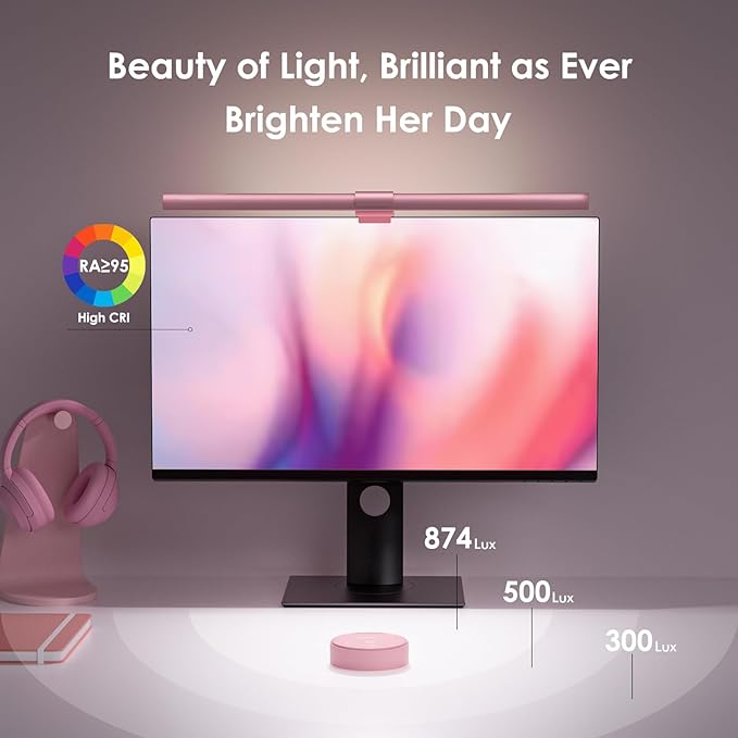 Quntis Pink Monitor Light Bar with Remote, Eye-Care No Glare, Space Saving Computer Desk Lamp As Gifts for Girls, Stepless Dimming, Modern Aesthetic Desk Light Bar for Home Office Gaming Reading