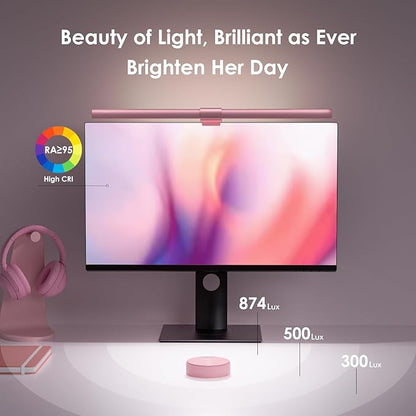 Quntis Pink Monitor Light Bar with Remote, Eye-Care No Glare, Space Saving Computer Desk Lamp As Gifts for Girls, Stepless Dimming, Modern Aesthetic Desk Light Bar for Home Office Gaming Reading