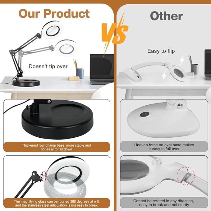 2-in-1 Large Magnifying Glass with Light and Stand-Lighted Magnifying Glass Magnifying Lamp 5 Color Modes Stepless Dimmable-Hands Free Desk Magnifying Glass with Light for Close Work Reading Repair
