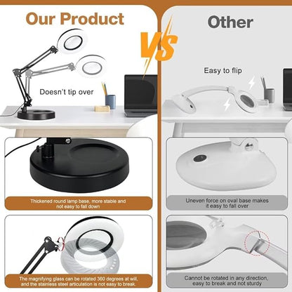 2-in-1 Large Magnifying Glass with Light and Stand-Lighted Magnifying Glass Magnifying Lamp 5 Color Modes Stepless Dimmable-Hands Free Desk Magnifying Glass with Light for Close Work Reading Repair