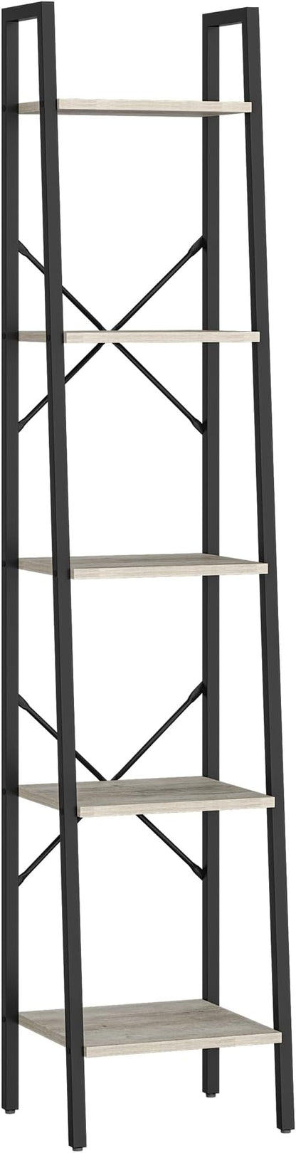 Ladder Shelf, Bookshelf Bookcase, Freestanding Corner Storage Shelve with 2 Hooks for Home Office, Living Room, Kitchen, Bedroom, Industrial, 5-Tier Greige BC03205B