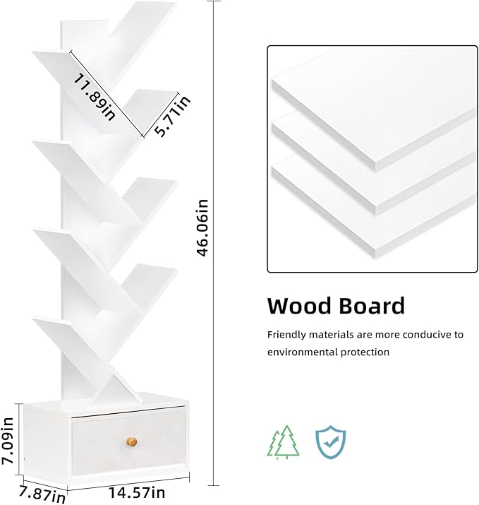 8 Tier Tree Bookshelf with Drawer, Free Standing Wood Bookcase for Living Room, Bedroom, Home Office, Space Saving Storage Organizer Bookshelves for Books, CDs, Vinyl Records- White