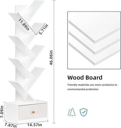 8 Tier Tree Bookshelf with Drawer, Free Standing Wood Bookcase for Living Room, Bedroom, Home Office, Space Saving Storage Organizer Bookshelves for Books, CDs, Vinyl Records- White