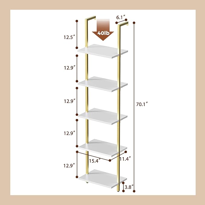 SUPERJARE 5-Tier Bookshelf, Narrow Book Shelf Set of 2, Open Wall-Mounted Ladder Shelf with Metal Frame, Display Bookcase for Home Office, Bedroom, White & Gold