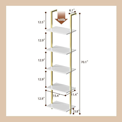 SUPERJARE 5 Tier Bookshelf, Narrow Book Shelf with Open Display Shelves, Small Bookcase with Metal Frame for Bedroom, Living Room, White and Gold