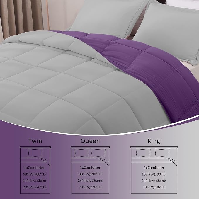 Basic Beyond Queen Comforter Set - Fluffy Comforter Queen Set for All Seasons - Reversible Purple Comforter Set Queen for Mens - 3 Pieces (1 Comforter + 2 Pillow Shams) - Purple/Grey