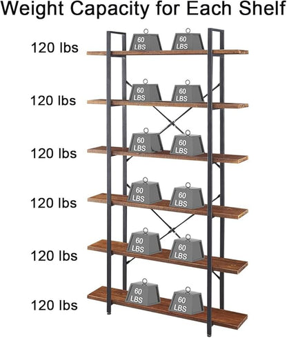 HSH Solid Wood Bookshelf, 6 Tier Tall Industrial Etagere Bookcase and Storage Shelves Heavy Duty, Rustic Large Open Vertical Metal Natural Real Wood Book Shelf for Bedroom Living Room Distressed Brown