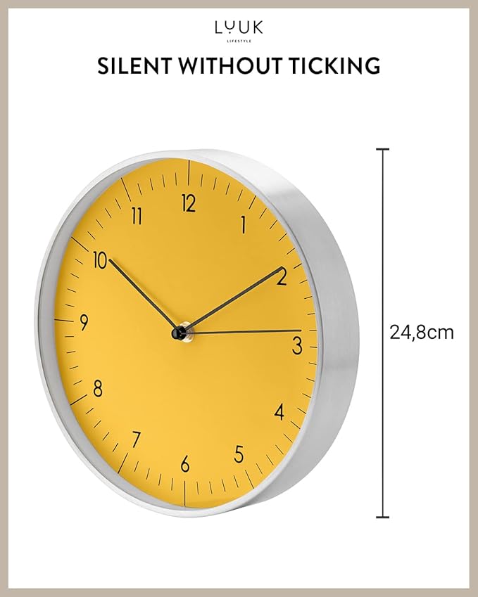 LUUK LIFESTYLE 10” Quartz Wall Clock with Silent Movement, Timeless Scandinavian Design, Kitchen Wall Clock, Decoration for Children's Room, Yellow and Silver