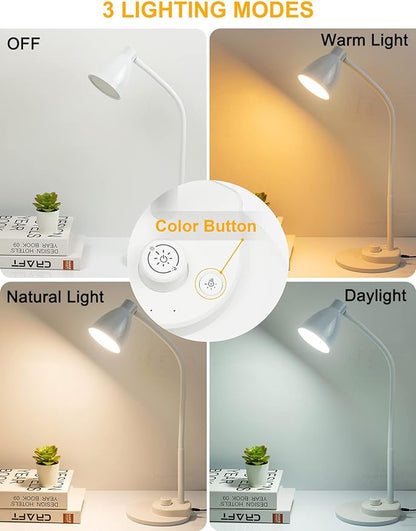 BOHON LED Desk Lamp with USB Charging Port, 3 Color Modes Dimmable Reading Lamp, Auto Dimming Task Lamp, Flexible Gooseneck Table Light for Dorm Bedside, Adapter Include, White