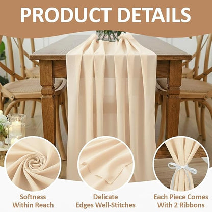 Pack of 5 | Champagne Gold | 10ft Chiffon Table Runner 29x120 Inches Long Romantic Rustic Sheer Gauze Runner for Wedding Bridal Shower Birthday Banquets Engagement Spring Easter Boho Decorations