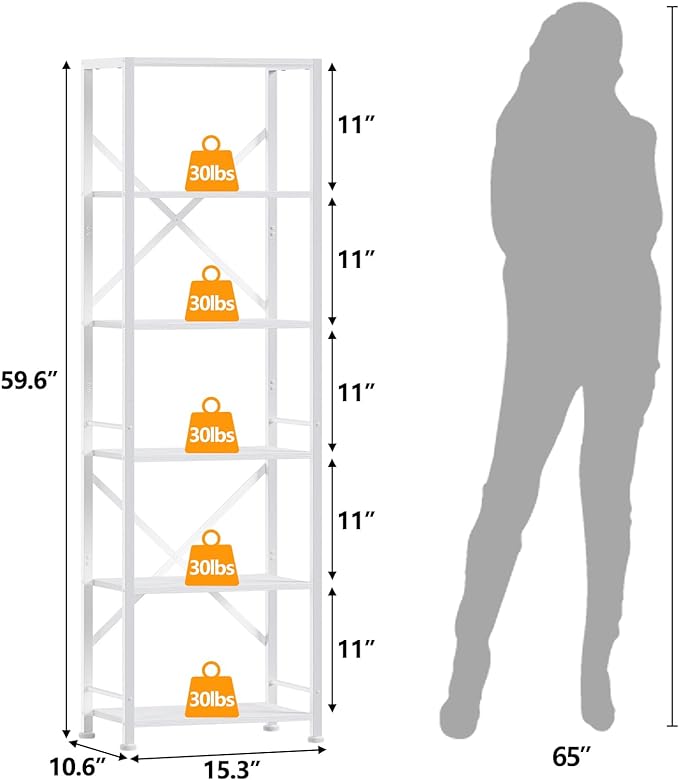 Furologee White Tall Bookshelf, Narrow Bookcase with 6 Shelves, Modern Freestanding Shelf Units, Metal and Wood Display Storage Corner Rack Organizer for Living Room, Home Office, Hallway, Bathroom