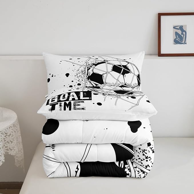 Erosebridal Kids Football Comforter Set Full Size American Soccer Bedding Set Sports Games Duvet Sets for Boys Girls Children Teens Geometric Polygon Down Comforter for Bedroom, Black White