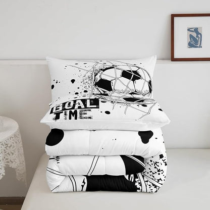 Erosebridal Kids Football Comforter Set Twin Size American Soccer Bedding Set Sports Games Duvet Sets for Boys Girls Children Teens Geometric Polygon Down Comforter for Bedroom, Black White