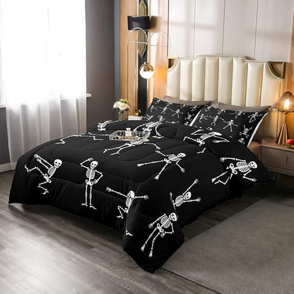 Erosebridal Sugar Skull Comforter Set Queen Size Skeleton Bones Bedding Set for Kids Boys Girls Teens Adult Halloween Horror Theme Down Comforter Gothic Spooky Duvet Sets with 2 Pillow Cases